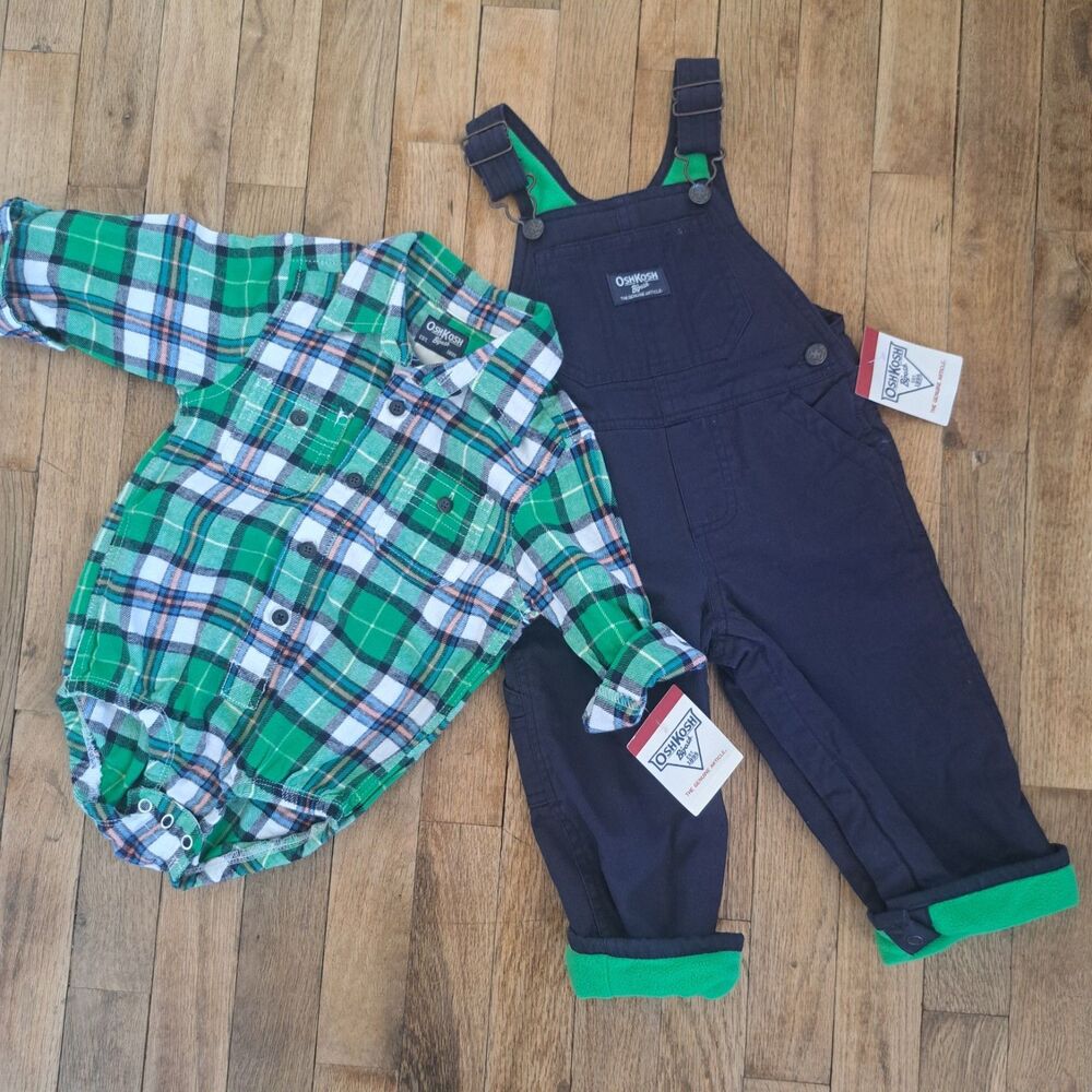 NEW Vintage Oshkosh Bgosh Baby 18month Fleece Overall 2pc Set Blue Green Plaid